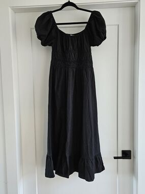 Sim&Sam Poplin Smocked Puff-Sleeve Black Midi Dress Sz Medium